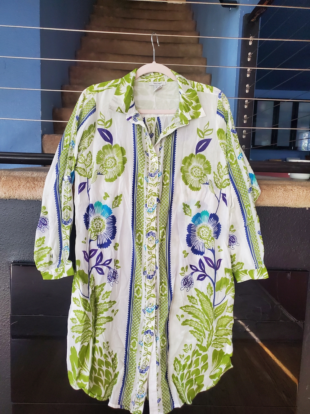 Haute Hippie White Floral Tunic Coat with Green and Blue Print